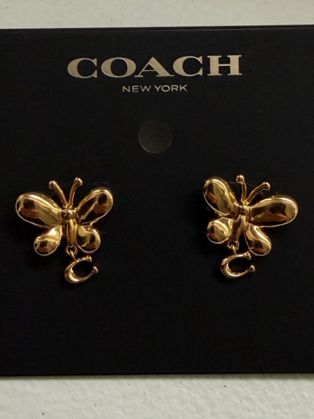 Coach Butterfly Signature C Stud Earrings Gold Tone NWT on Card